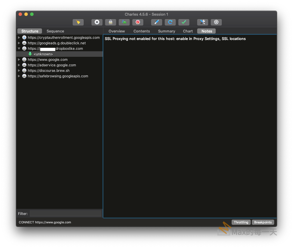 charles 顯示錯誤訊息：SSL Proxying not enabled for this host: enable in Proxy Settings, SSL locations